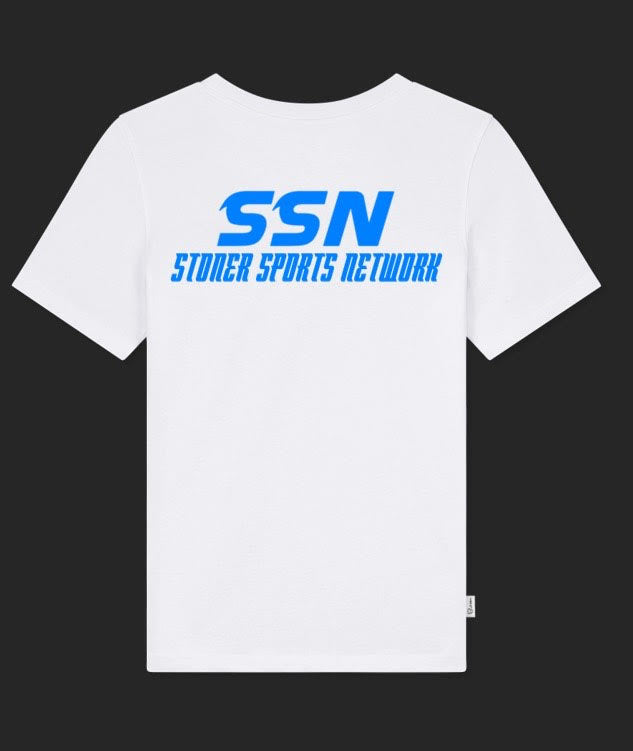 Stoner Sports Network White T-Shirt Blue Letters