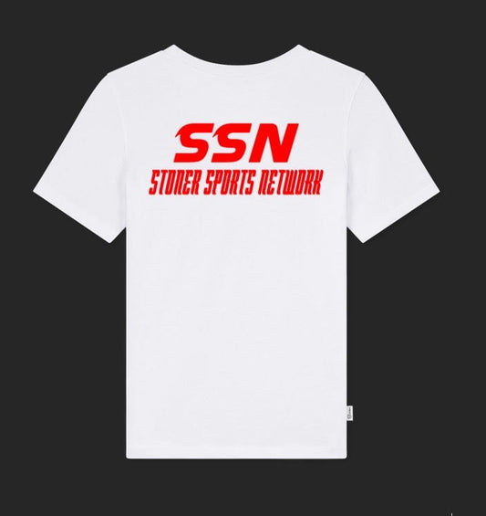 Stoner Sports Network White T-Shirt Red Letters