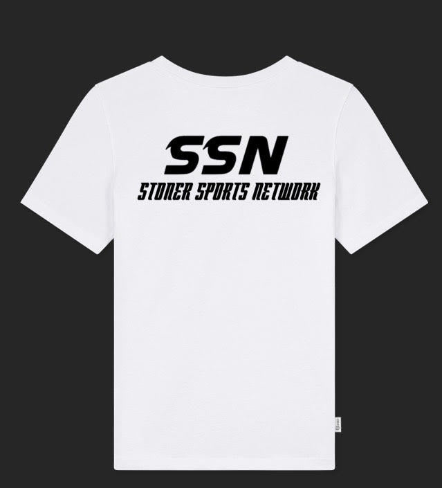 Stoner Sports Network White T-Shirt Black Letters